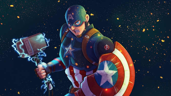Captain America holding Mjolnir and Shield