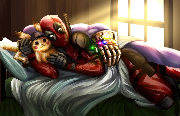 Deadpool cuddling Pikachu with Infinity Gauntlet