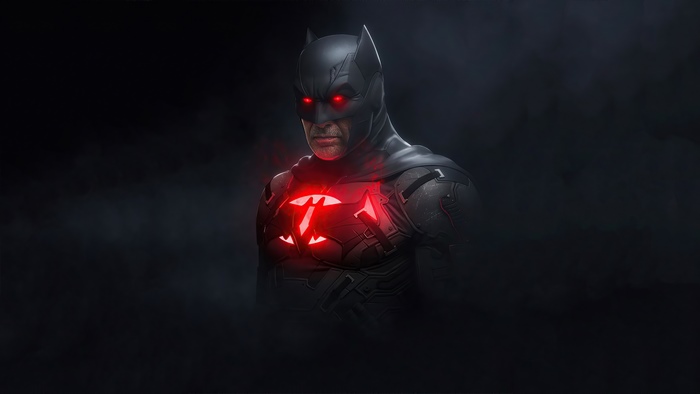 Batman with glowing red eyes and chest symbol 4K