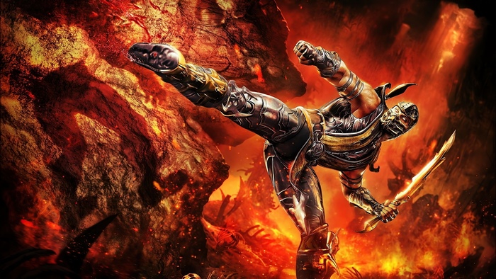 Scorpion from Mortal Kombat performing a kick with swords