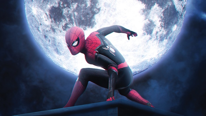 Spider-Man in front of a large moon