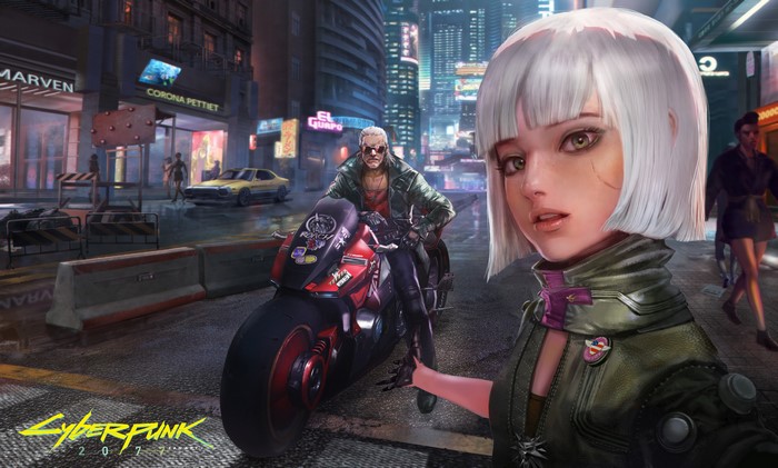 Cyberpunk 2077 art with characters on a motorcycle