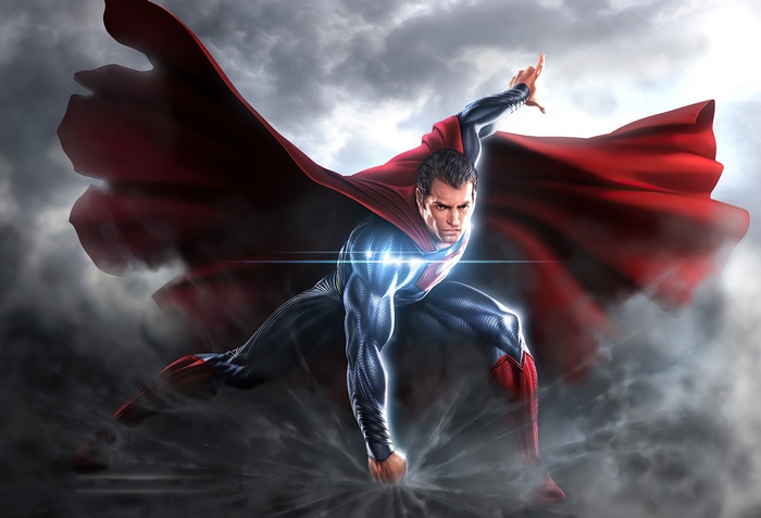 Superman in a dynamic pose with red cape