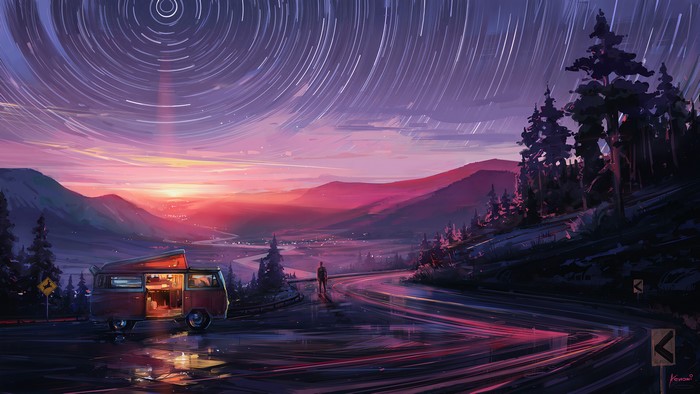 Digital art of a camper van on a road at sunset