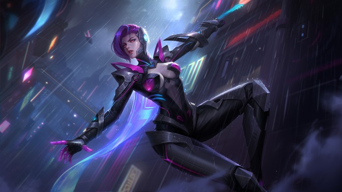 Cyberpunk woman with purple hair and futuristic suit