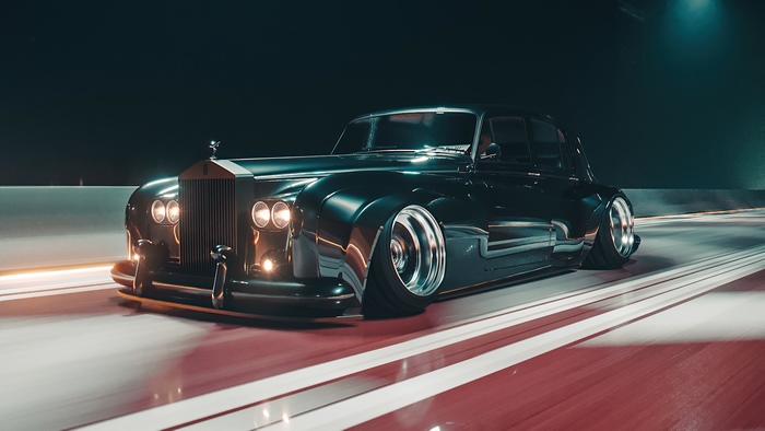Modified Rolls-Royce classic car driving at night