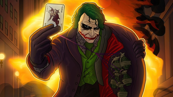 The Joker holding a Joker card and grenades