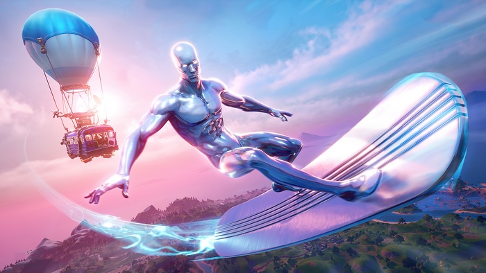 Silver Surfer from Fortnite on a surfboard