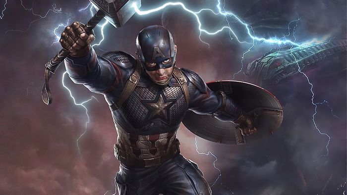 Captain America from Marvel holding Mjolnir with lightning