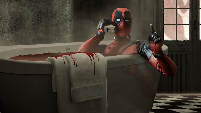 Deadpool in a bloody bathtub