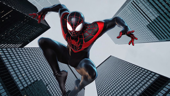 Spider-Man (Miles Morales) leaping between skyscrapers