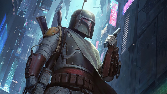 Boba Fett from Star Wars in a futuristic city
