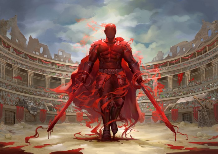 Knight in red armor with swords in arena