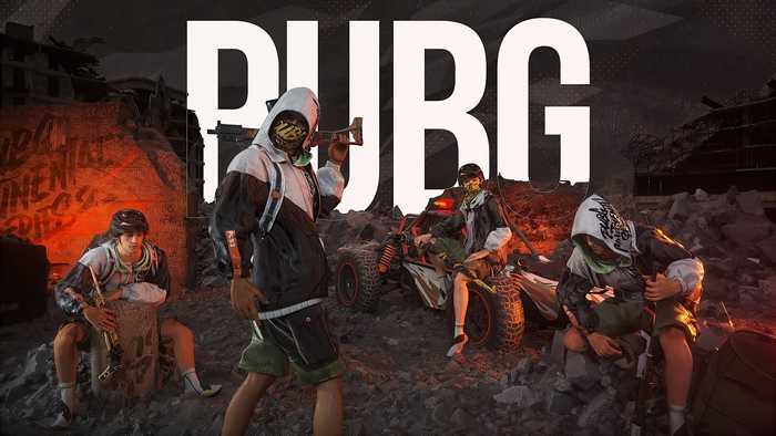 PUBG characters with weapons and a buggy in a destroyed city