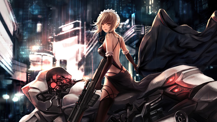 Anime girl with gun and robot in cyberpunk city