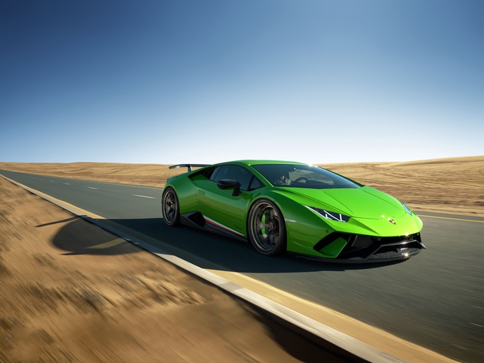 Green Lamborghini Huracan Performante on Desert Road