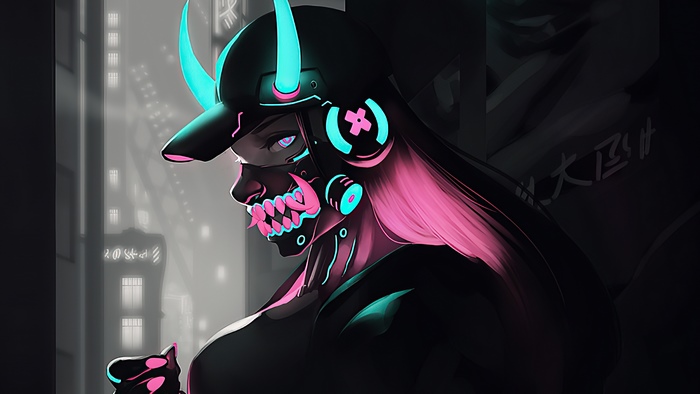 Cyberpunk Oni Masked Woman with Pink Hair