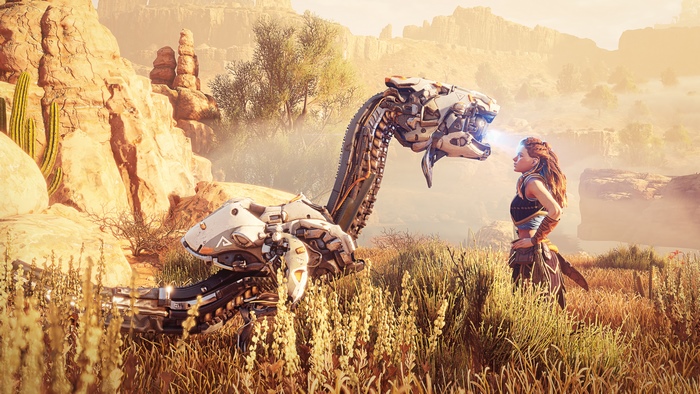 Aloy and a robotic creature in Horizon Zero Dawn