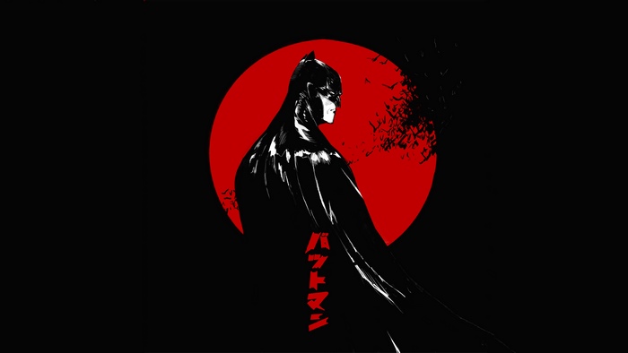 Batman artwork with red circle and bats