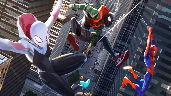 Spider-Gwen, Miles Morales, and Spider-Man swinging through city