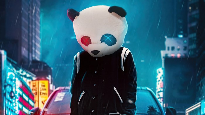 Panda mask person in neon city