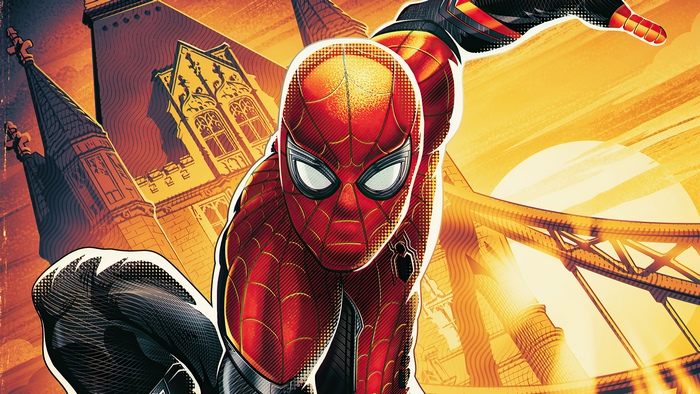 Spider-Man artwork with buildings and bridge