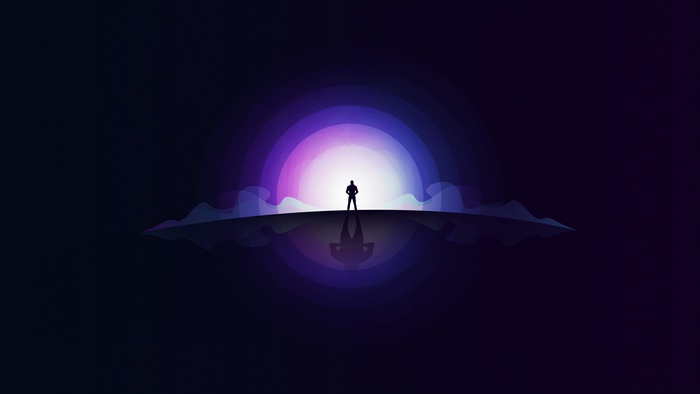 Minimalist silhouette of a person standing before a glowing sunrise