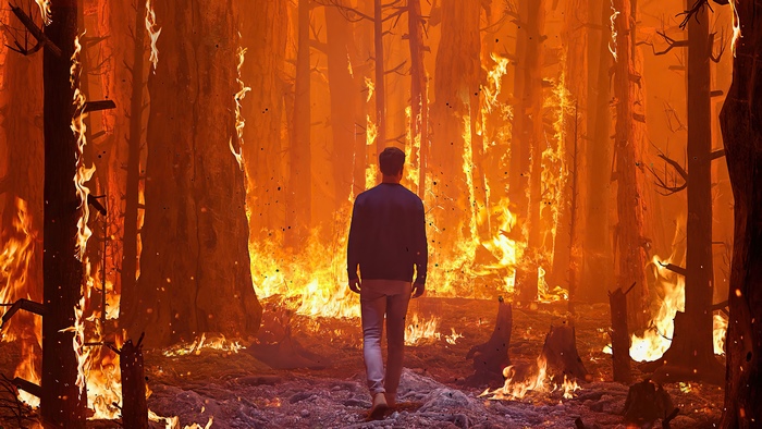 Man walking through a burning forest 4K