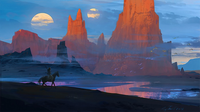Digital art of a lone rider in a desert landscape