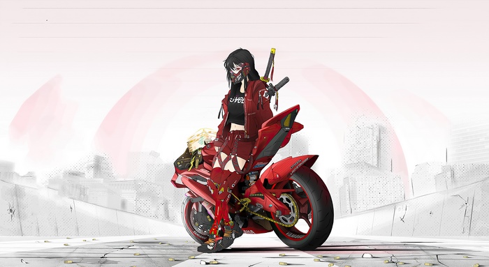 Cyberpunk girl with katana on a motorcycle