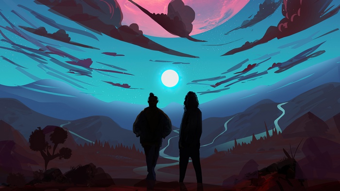 Two people looking at a bright moon in a colorful sky