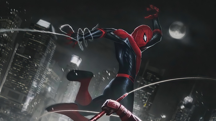 Spider-Man swinging through a city at night