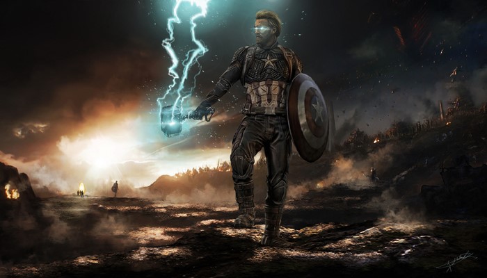 Captain America wielding Thor's Hammer with lightning