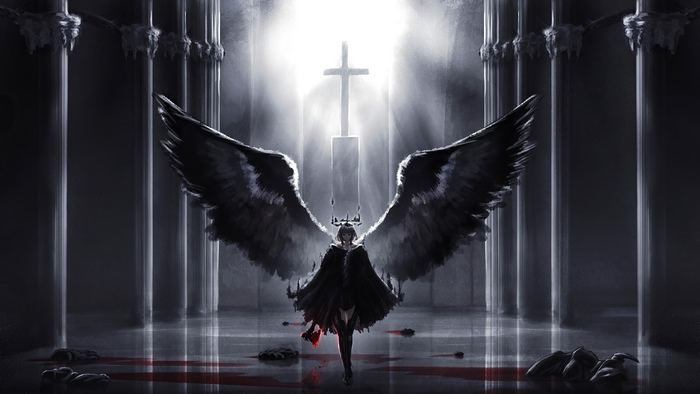 Angel with black wings in a church