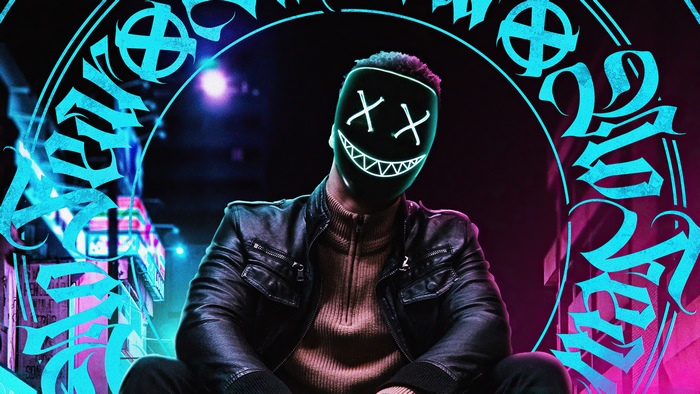 Man wearing a mask with glowing eyes and smile