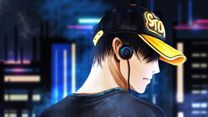 Anime boy with headphones and cap