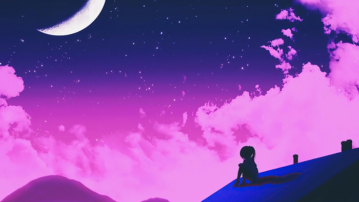 Girl sitting on a roof under a crescent moon and pink clouds
