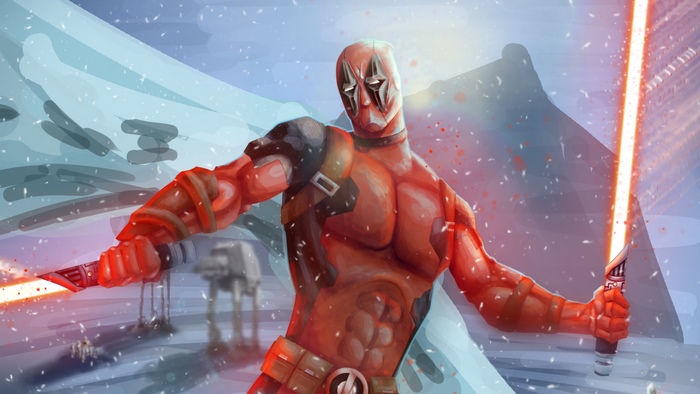 Deadpool with lightsabers in a snowy landscape