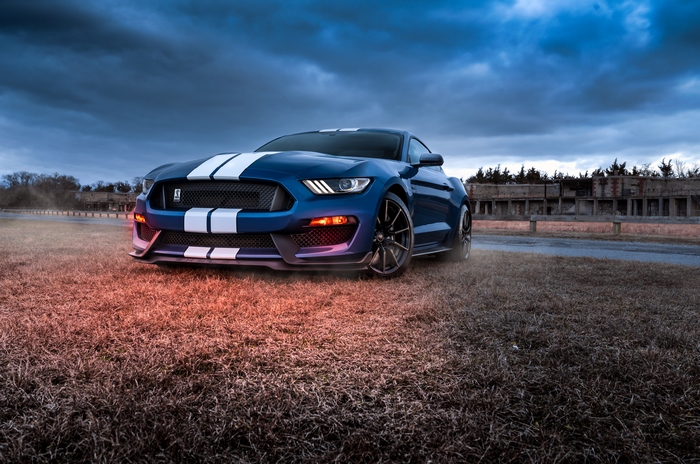 Blue Ford Mustang GT350 with White Stripes