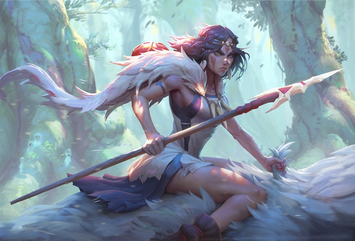 Warrior girl with spear in forest
