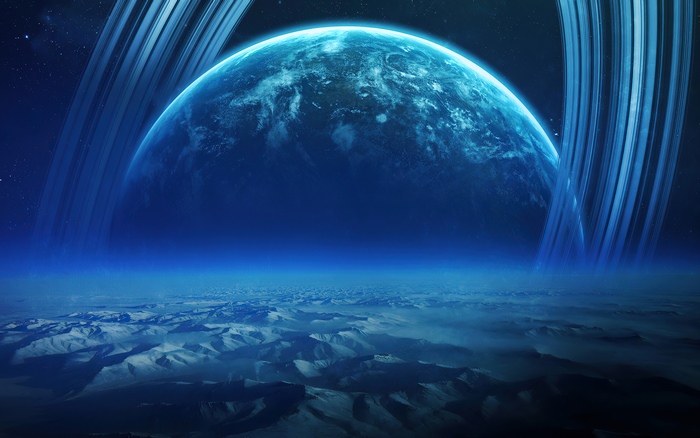 Planet with rings and icy landscape