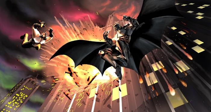 Batman and Bane fighting in a city with explosions