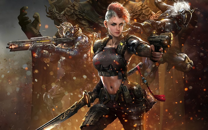 Cyberpunk sci-fi artwork of warriors with guns and swords