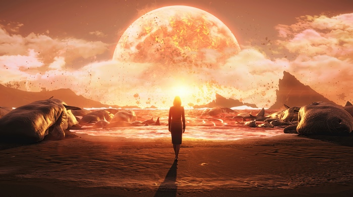 Woman walking towards a large exploding planet in Death Stranding 4K
