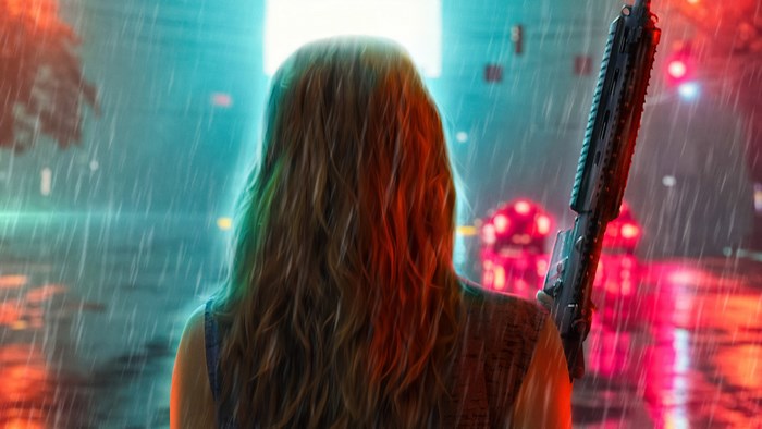 Woman holding a gun in a neon city