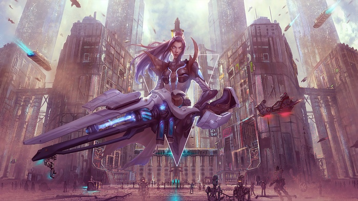 Caitlyn from League of Legends in a futuristic city