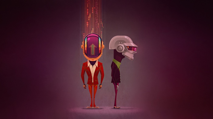 Daft Punk robots in suits with helmets