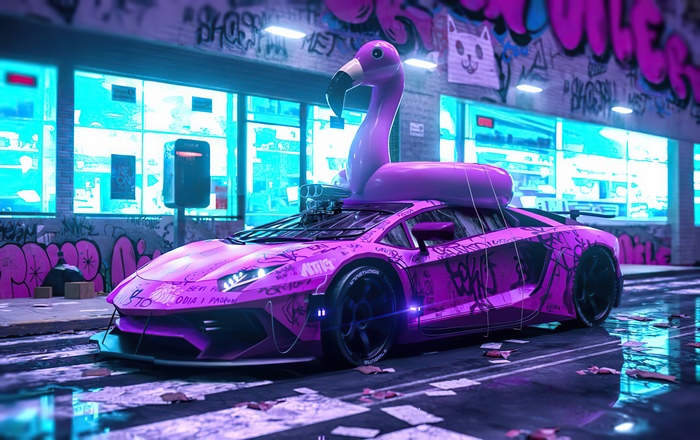 Purple Lamborghini with Flamingo Pool Float