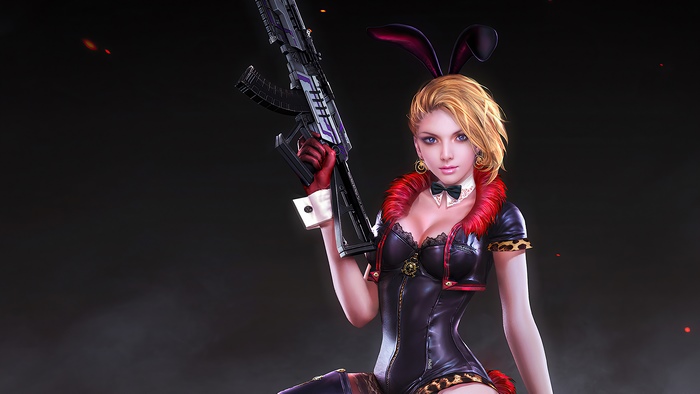 Woman in bunny outfit with assault rifle