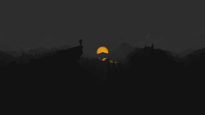 Minimalist artwork of a person on a cliff overlooking a sunset